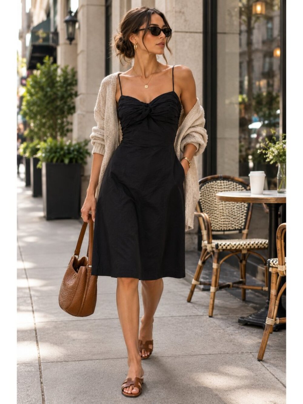 Club Monaco Black Ruched Bust Cotton Midi Slip Dress Size 4 Spaghetti Strap